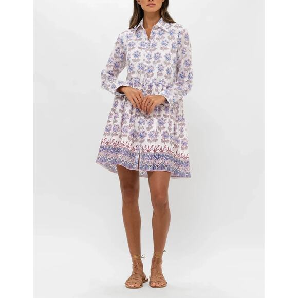 OLIPHANT Long Sleeve Mini Cotton Button Shirt Dress Block Print Portofino Aqua - Picture 2 of 10